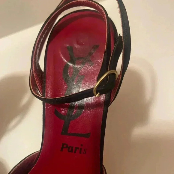 YSL Yves Saint Laurent Paris high heel open back shoes - black satin fabric - Picture 8 of 16